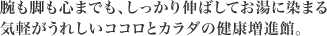 腕も脚も心までも、しっかり伸ばしてお湯に染まる 気軽がうれしいココロとカラダの健康増進館。